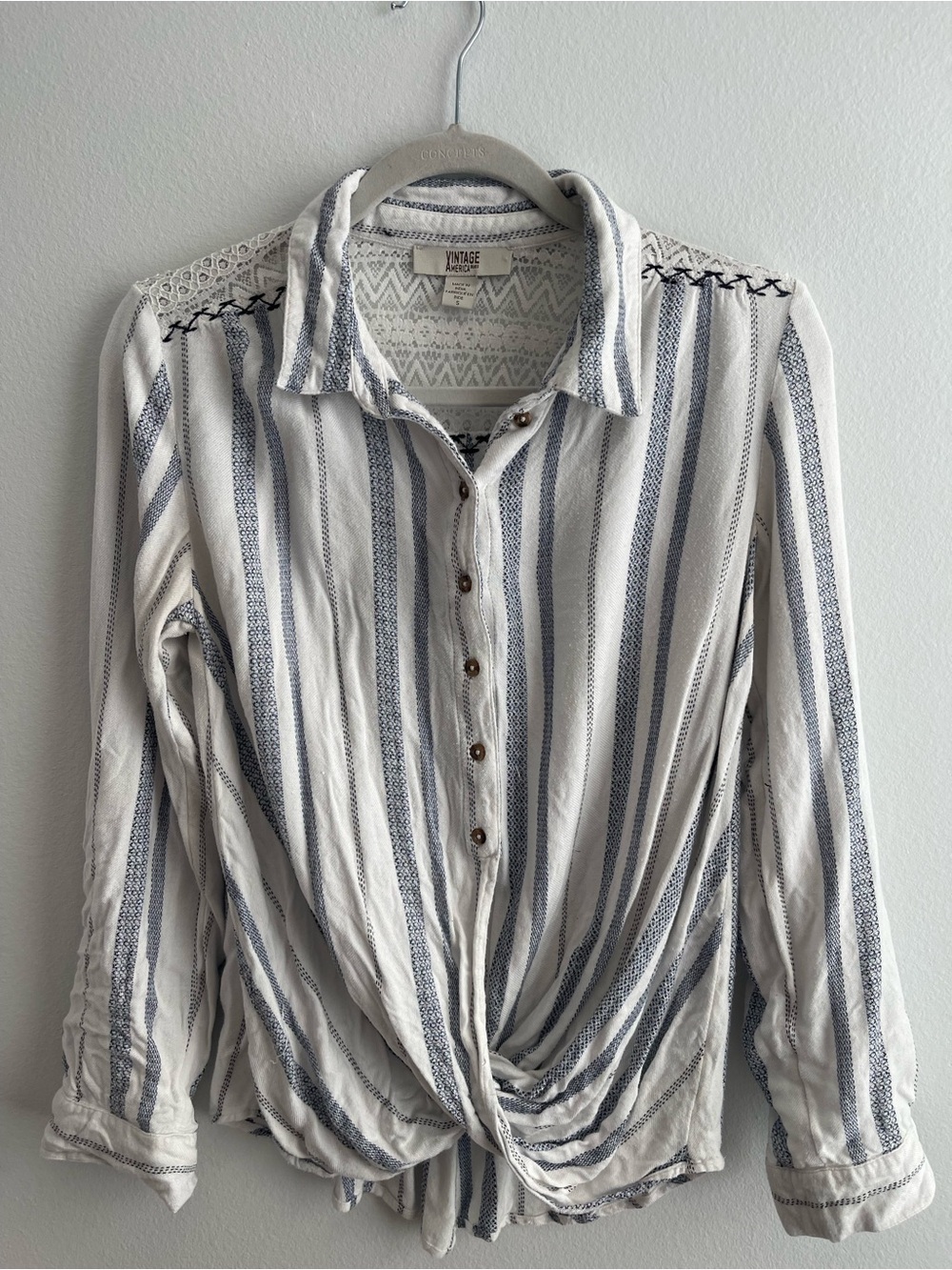 Vintage America Blues Top S Blue White Stripe Lace Yoke Twist Front Boho Beach